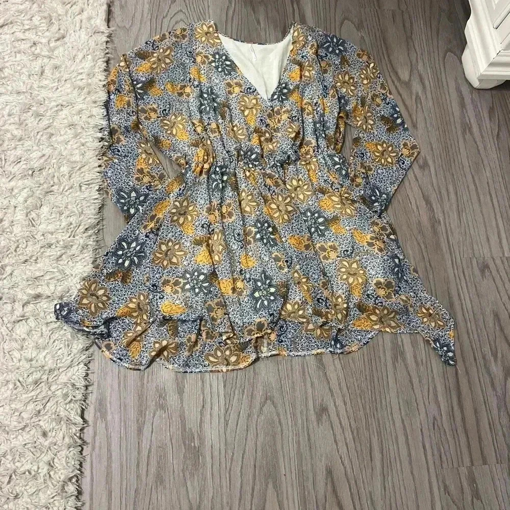 Free People Gray and Mustard Floral Wrap Mini Dress - Picture 3 of 15